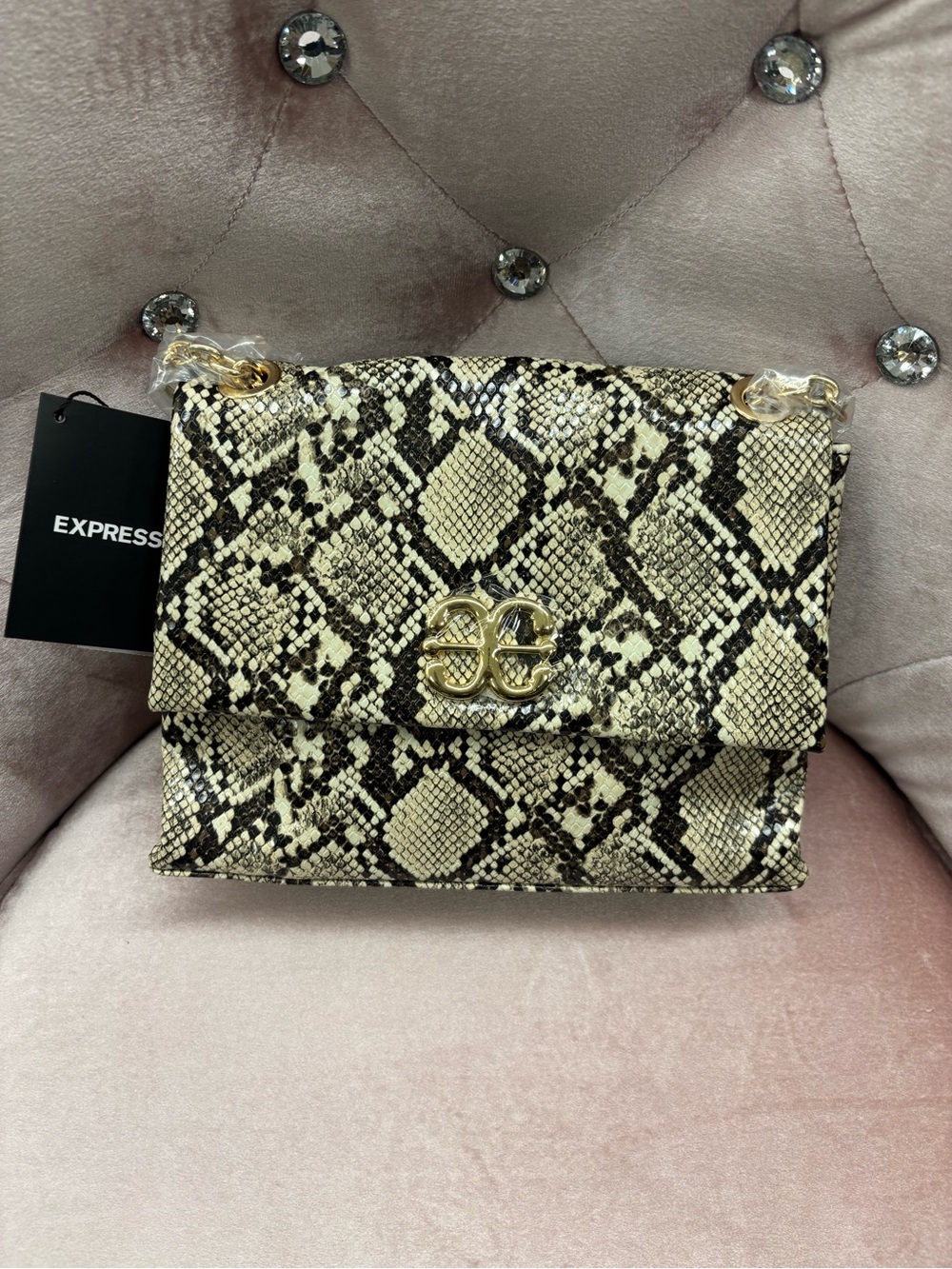 Express Snake-Print Crossbody Bag in Beige and Black